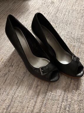 LOFT Black Leather Peep-Toe Wedge Heels with Buckle Accent